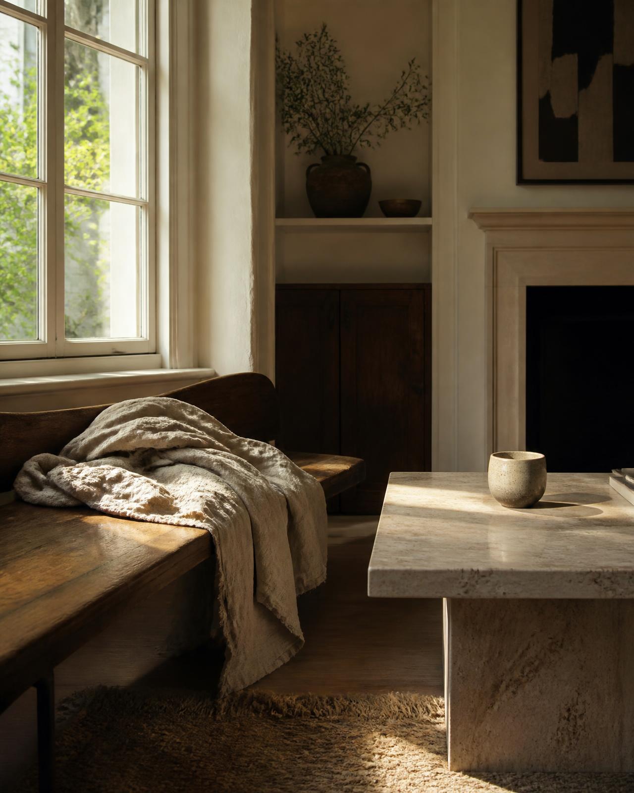 Sunlight falling across a linen throw, wooden bench and stone table in a lived-in room